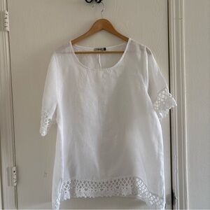 Lungo L’Arno Women’s Size 1X White Linen Blouse Made in Italy Crochet Trim Top